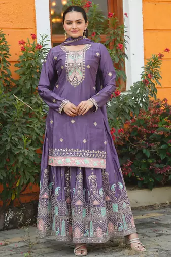 Lavender festive wear designer  chinon sequence embroidery work readymade suit