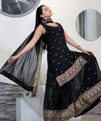 Black festive wear designer fox georgette  heavy embroidery sequence work readymade suit 2