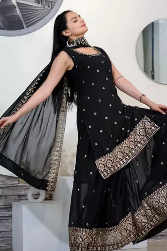 Black festive wear designer fox georgette  heavy embroidery sequence work readymade suit