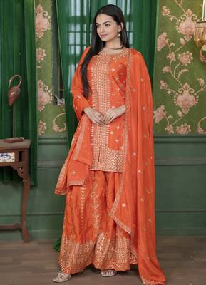 Orange festive wear designer  chinon sequence embroidery work readymade suit 2