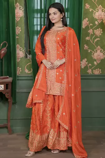 Orange festive wear designer  chinon sequence embroidery work readymade suit