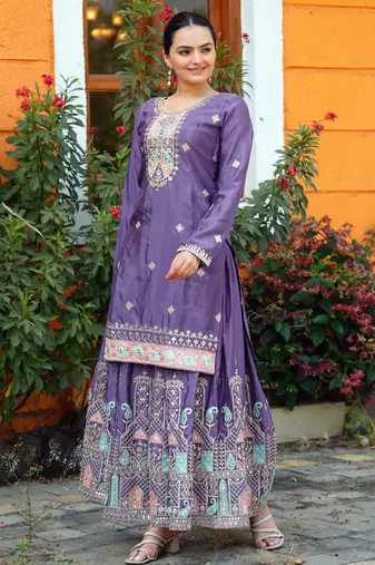 Lavender festive wear designer  chinon sequence embroidery work readymade suit