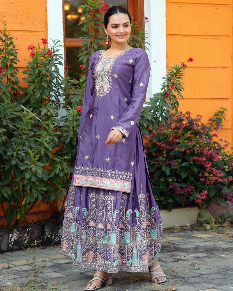 Lavender festive wear designer  chinon sequence embroidery work readymade suit