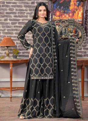 Black festive wear designer  chinon sequence embroidery work readymade suit 1