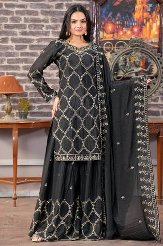 Black festive wear designer  chinon sequence embroidery work readymade suit