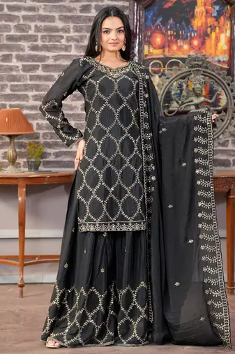 Black festive wear designer  chinon sequence embroidery work readymade suit
