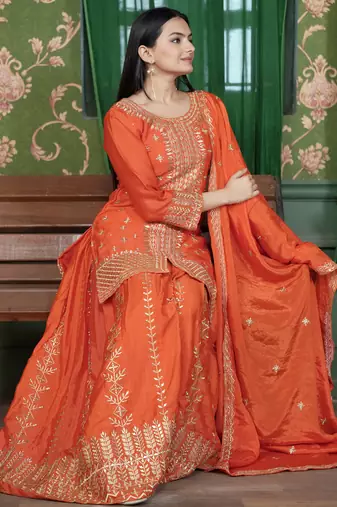 Orange festive wear designer  chinon sequence embroidery work readymade suit