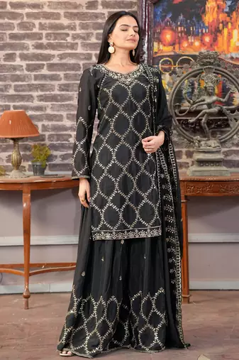 Black festive wear designer  chinon sequence embroidery work readymade suit