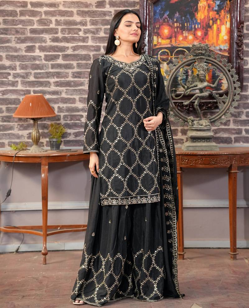 Black festive wear designer  chinon sequence embroidery work readymade suit