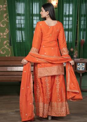 Orange festive wear designer  chinon sequence embroidery work readymade suit 4