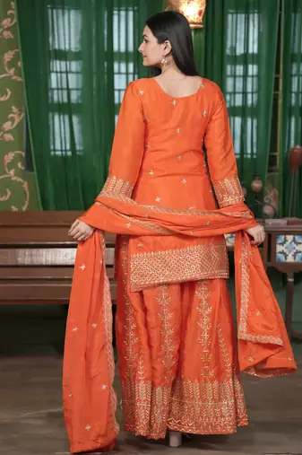 Orange festive wear designer  chinon sequence embroidery work readymade suit