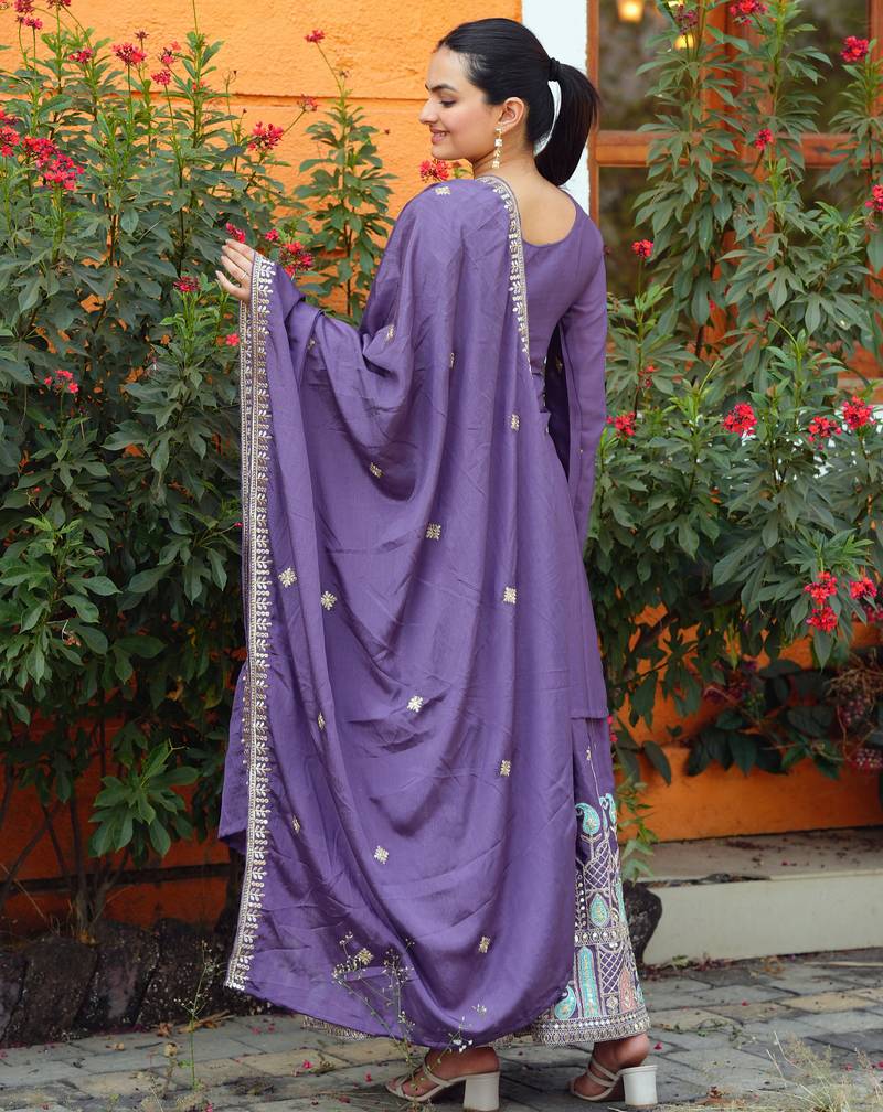 Lavender festive wear designer  chinon sequence embroidery work readymade suit
