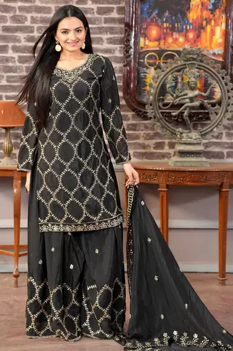 Black festive wear designer  chinon sequence embroidery work readymade suit