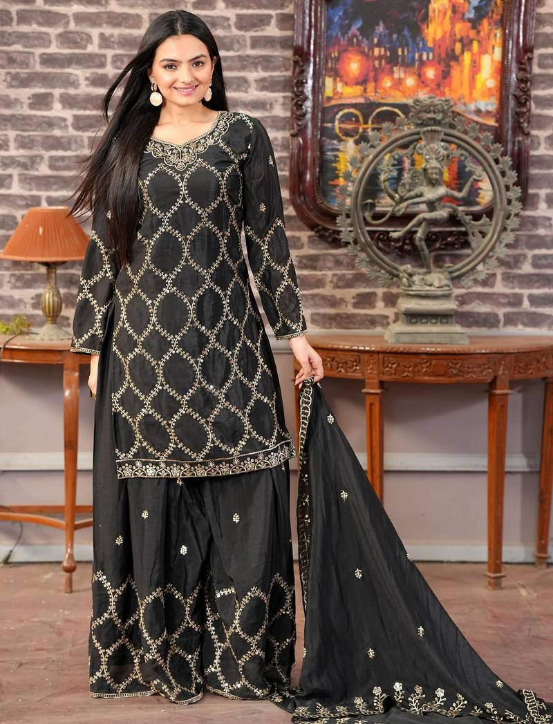 Black festive wear designer  chinon sequence embroidery work readymade suit