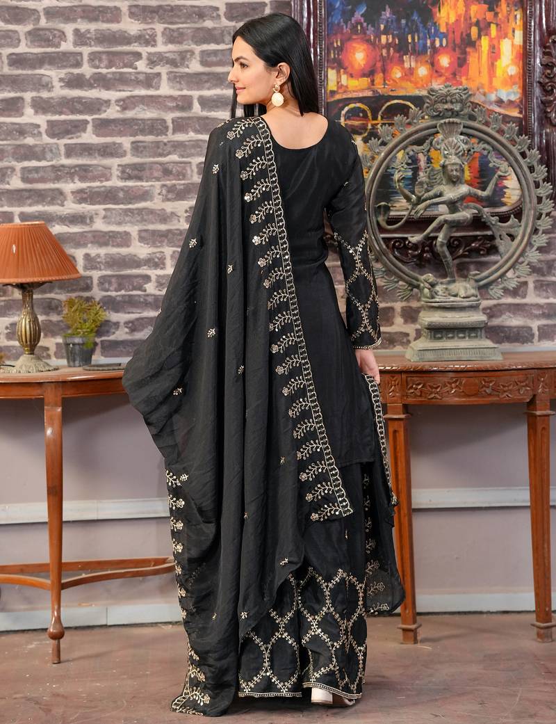 Black festive wear designer  chinon sequence embroidery work readymade suit