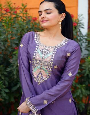 Lavender festive wear designer  chinon sequence embroidery work readymade suit 4