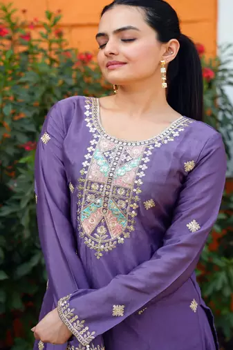 Lavender festive wear designer  chinon sequence embroidery work readymade suit