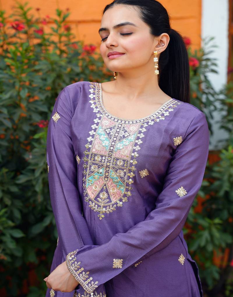 Lavender festive wear designer  chinon sequence embroidery work readymade suit