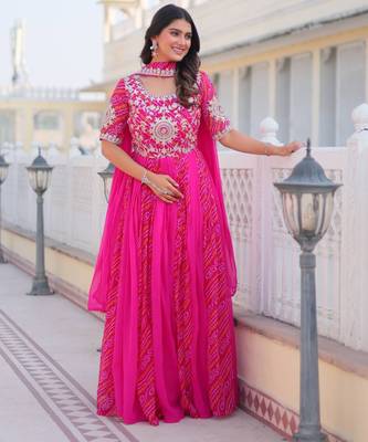 Rani Pink festive wear designer pure georgette bandhej  readymade suit 1