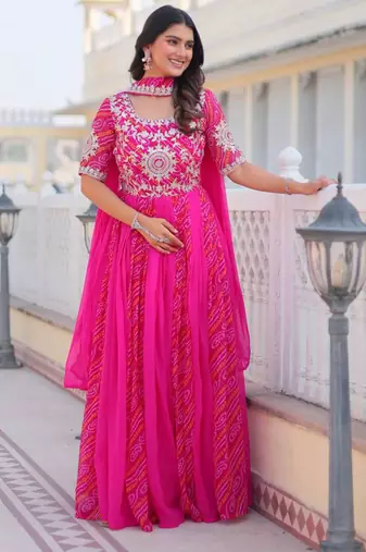 Rani Pink festive wear designer pure georgette bandhej  readymade suit