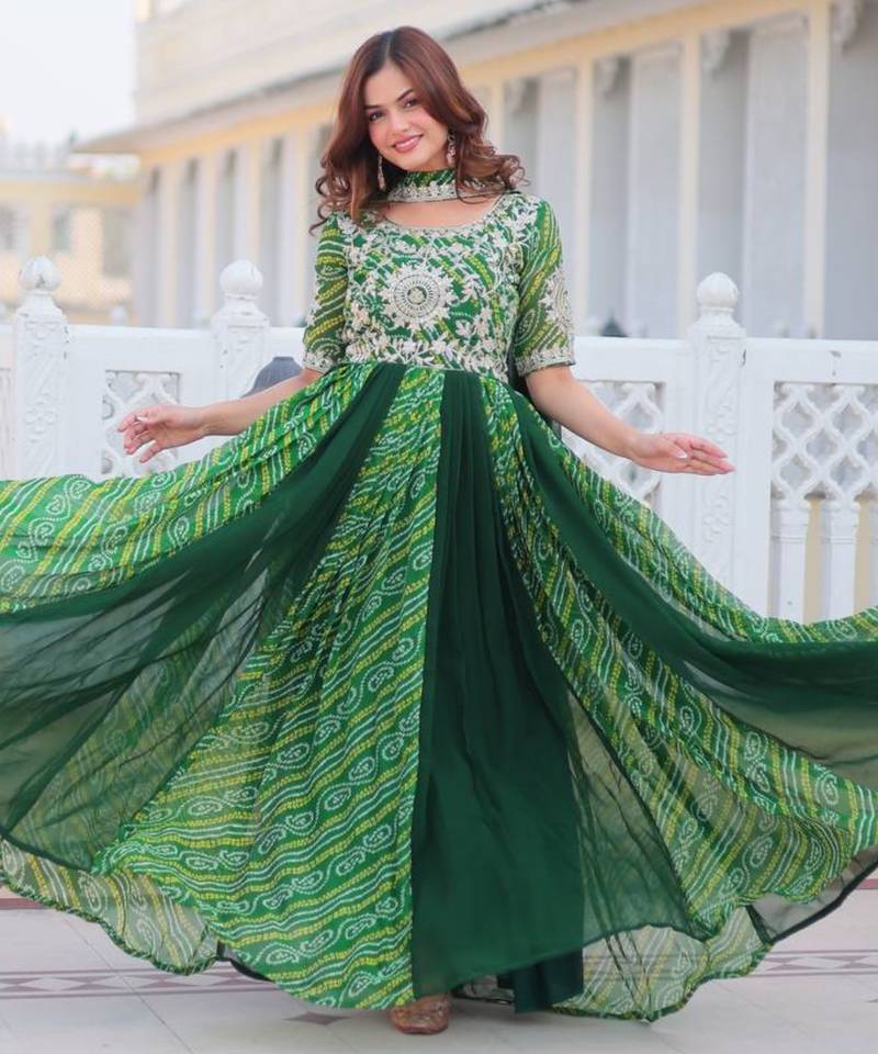 Multi festive wear designer pure georgette bandhej  readymade suit