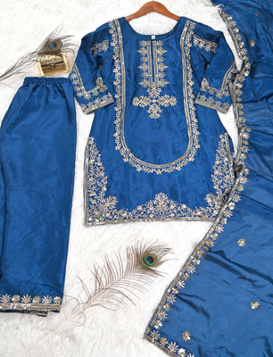 Blue festive wear designer chinon heavy embroidery sequence work readymade suit 4