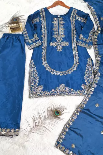 Blue festive wear designer chinon heavy embroidery sequence work readymade suit
