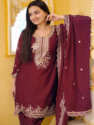 Maroon festive wear designer chinon  readymade suit 1