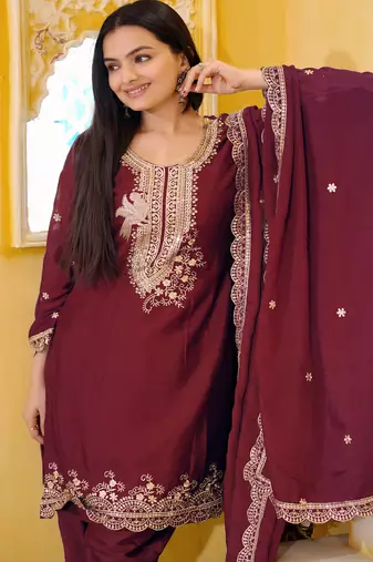 Maroon festive wear designer chinon  readymade suit