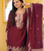 Maroon festive wear designer chinon  readymade suit