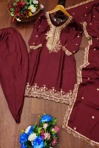 Maroon festive wear designer chinon  readymade suit