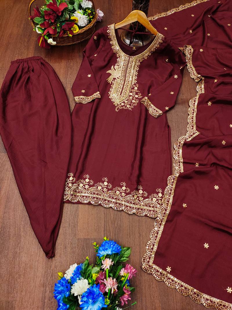 Maroon festive wear designer chinon  readymade suit