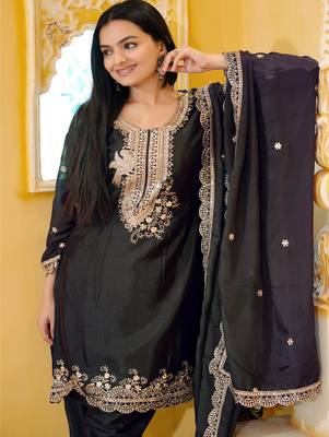 Black festive wear designer chinon  readymade suit 1