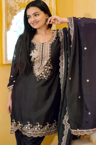 Black festive wear designer chinon  readymade suit