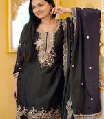 Black festive wear designer chinon  readymade suit