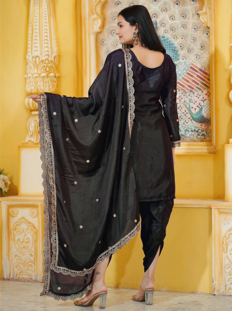 Black festive wear designer chinon  readymade suit