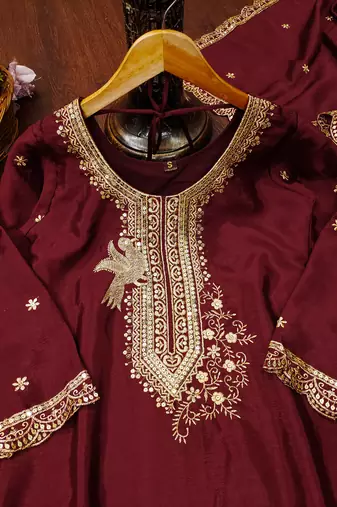 Maroon festive wear designer chinon  readymade suit