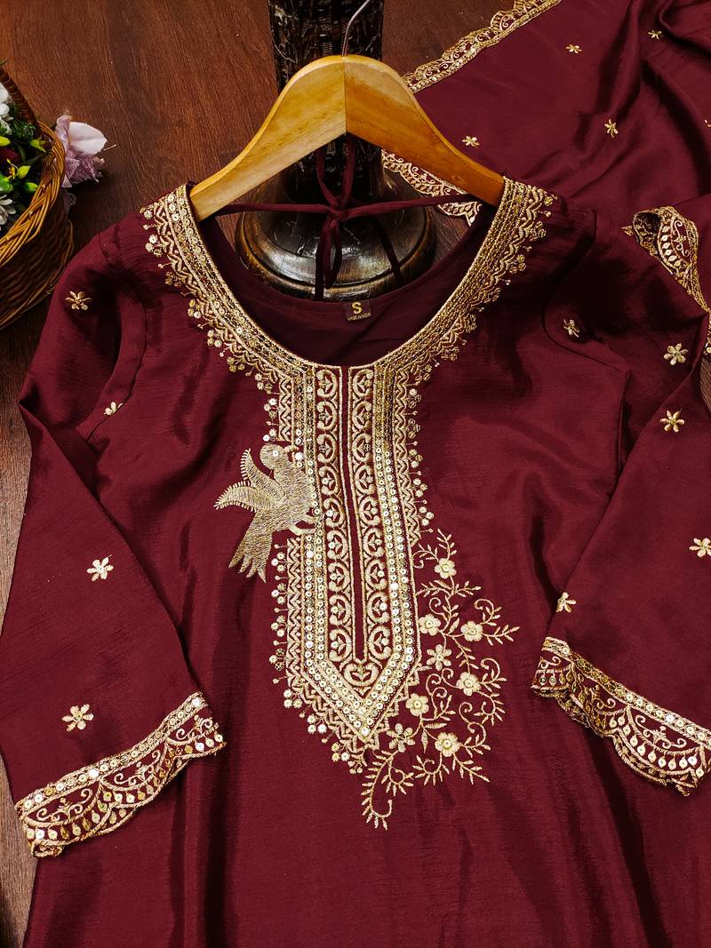 Maroon festive wear designer chinon  readymade suit