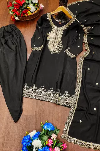Black festive wear designer chinon  readymade suit