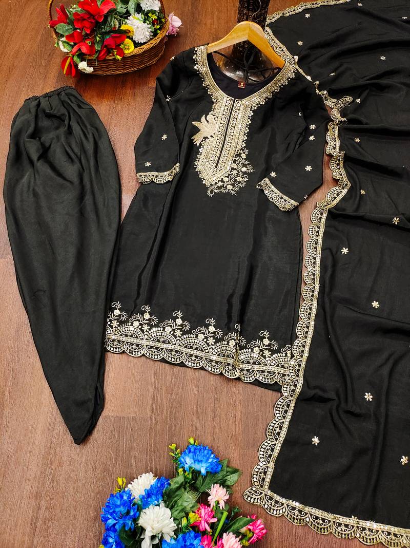 Black festive wear designer chinon  readymade suit