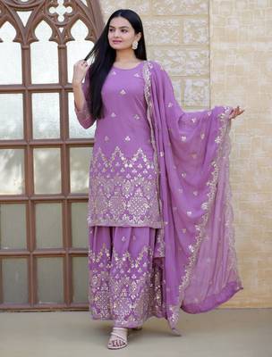 Lavender festive wear designer fox georgette  heavy embroidery sequence work readymade suit 2