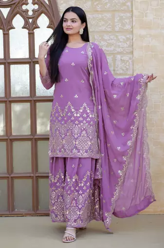 Lavender festive wear designer fox georgette  heavy embroidery sequence work readymade suit