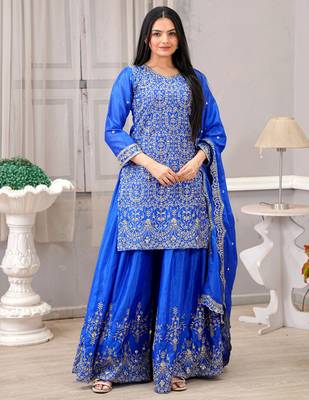 Blue festive wear designer chinon sequence embroidery work readymade suit 1