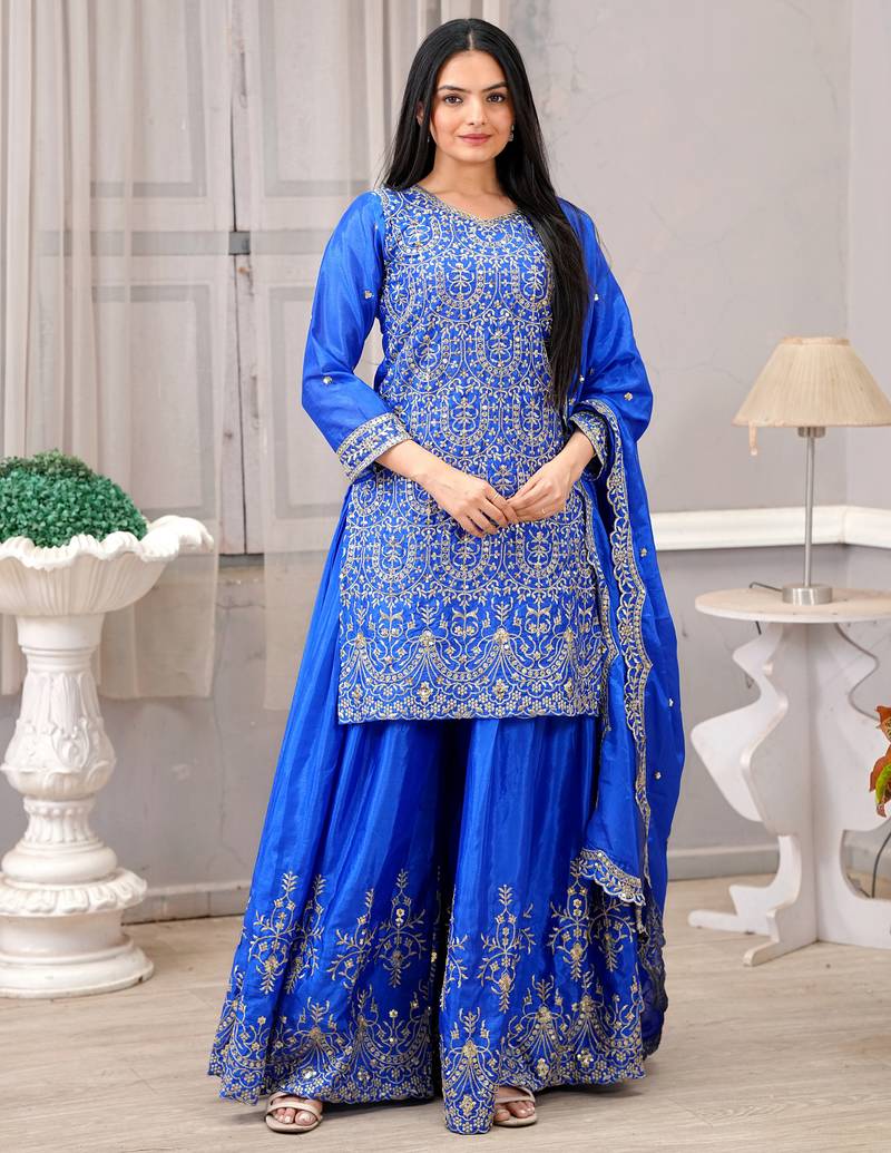 Blue festive wear designer chinon sequence embroidery work readymade suit