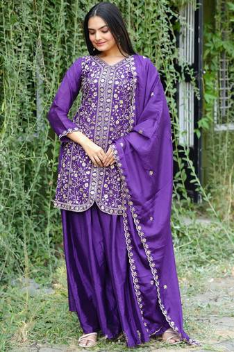Purple festive wear designer chinon sequence embroidery work readymade suit