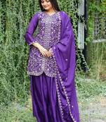 Purple festive wear designer chinon sequence embroidery work readymade suit