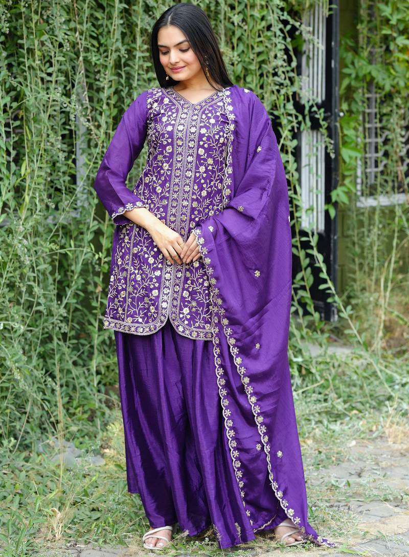 Purple festive wear designer chinon sequence embroidery work readymade suit