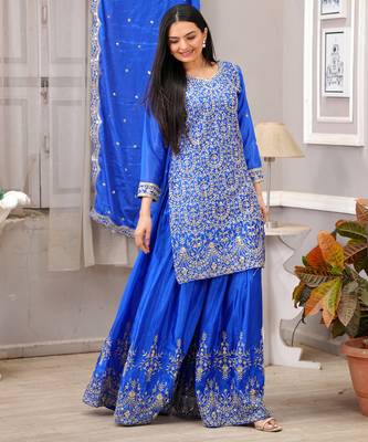 Blue festive wear designer chinon sequence embroidery work readymade suit 2