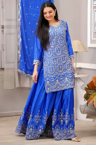Blue festive wear designer chinon sequence embroidery work readymade suit