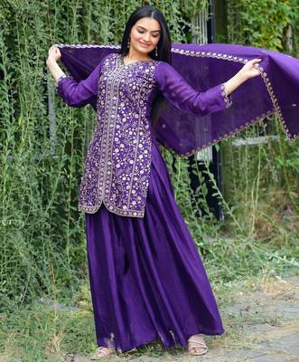 Purple festive wear designer chinon sequence embroidery work readymade suit 2